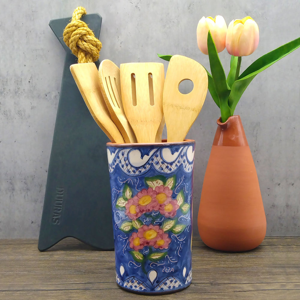 Hand Painted Portuguese Pottery Floral Kitchen Utensil Holder