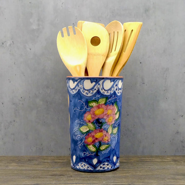 Hand Painted Portuguese Pottery Floral Kitchen Utensil Holder