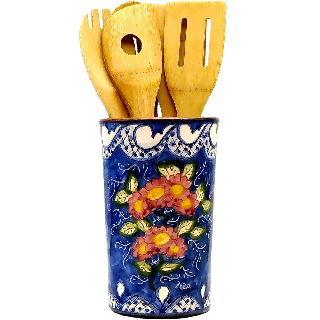 Hand Painted Portuguese Pottery Floral Kitchen Utensil Holder