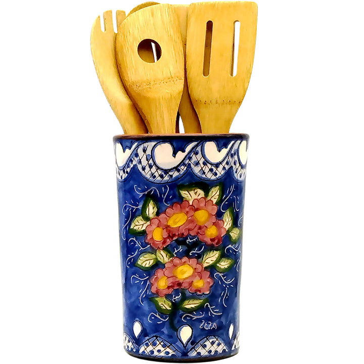 Hand Painted Portuguese Pottery Floral Kitchen Utensil Holder