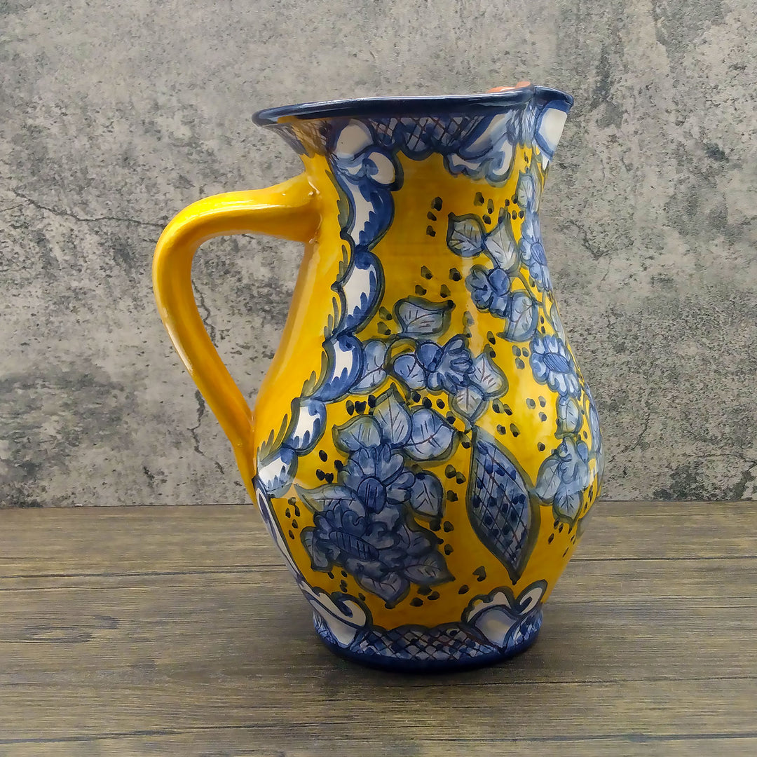 Hand Painted Portuguese Pottery Yellow and Blue 3 Quart Pitcher