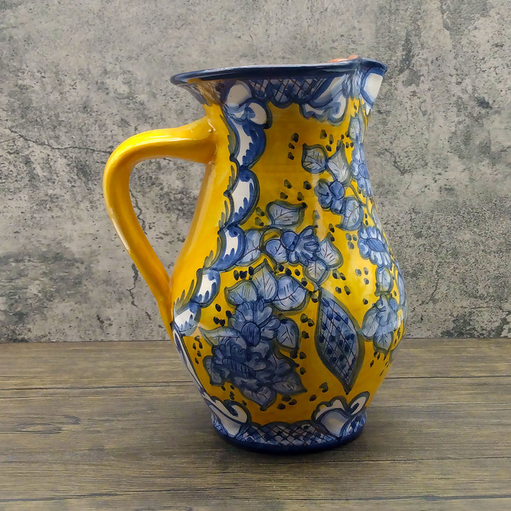 Hand Painted Portuguese Pottery Yellow and Blue 3 Quart Pitcher