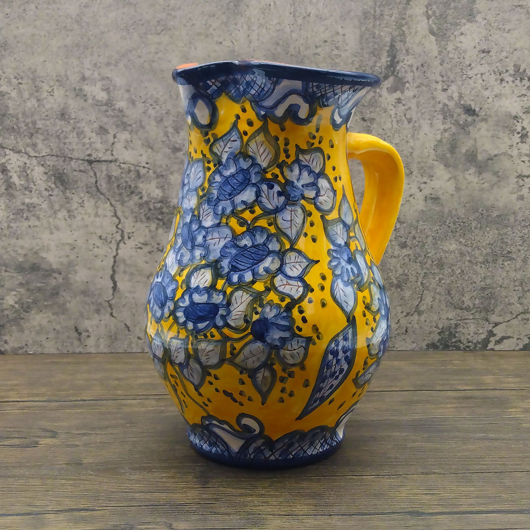Hand Painted Portuguese Pottery Yellow and Blue 3 Quart Pitcher