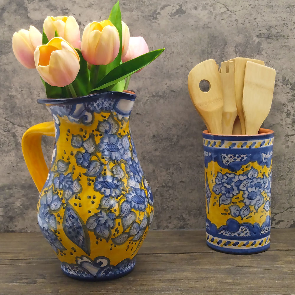 Hand Painted Portuguese Pottery Yellow and Blue 3 Quart Pitcher