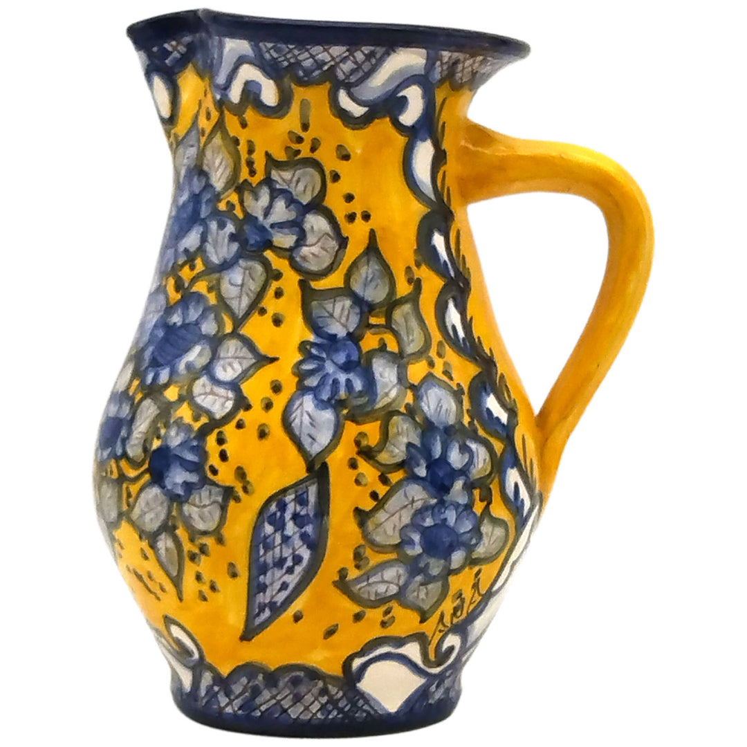 Hand Painted Portuguese Pottery Yellow and Blue 3 Quart Pitcher