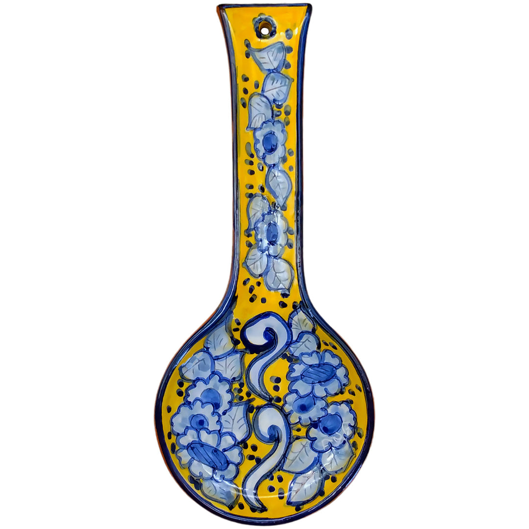 Hand Painted Portuguese Pottery Yellow and Blue Ceramic Spoon Rest