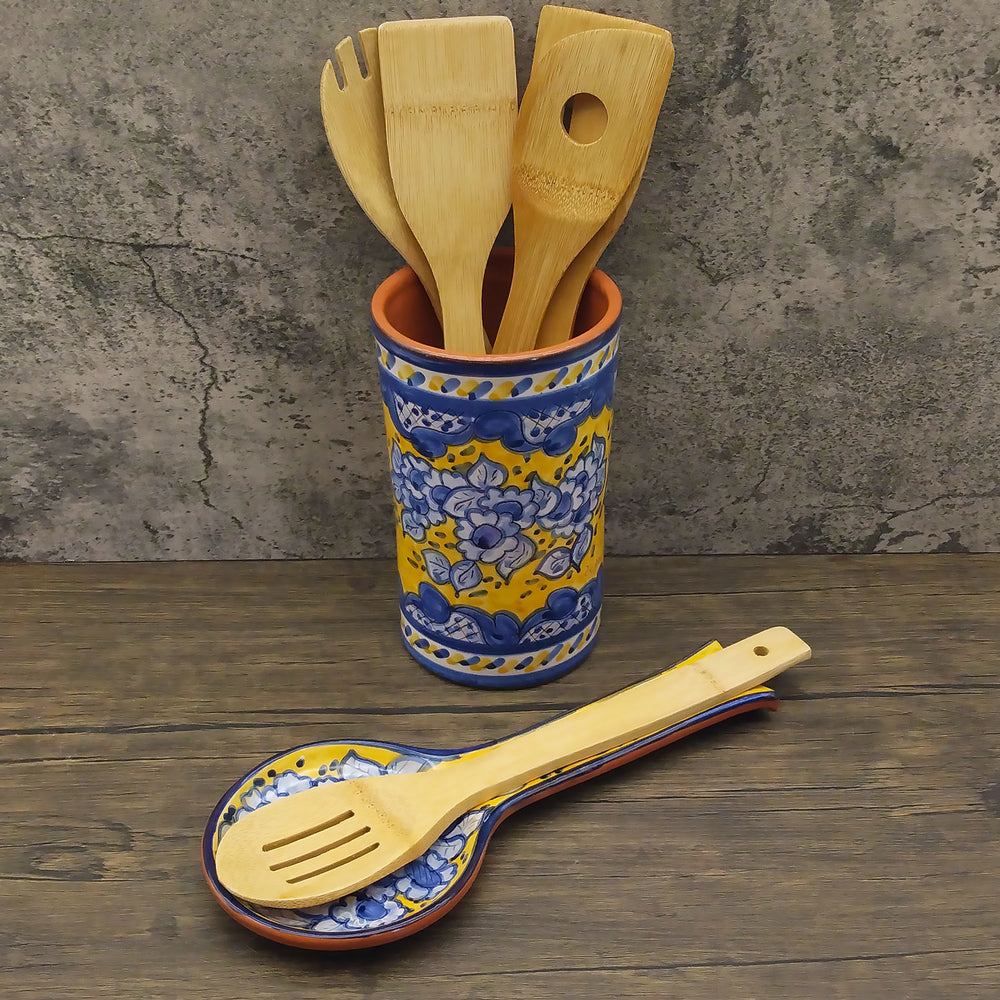 Hand Painted Portuguese Pottery Yellow and Blue Ceramic Spoon Rest