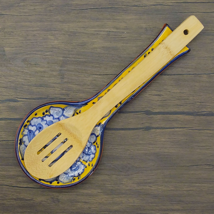 Hand Painted Portuguese Pottery Yellow and Blue Ceramic Spoon Rest