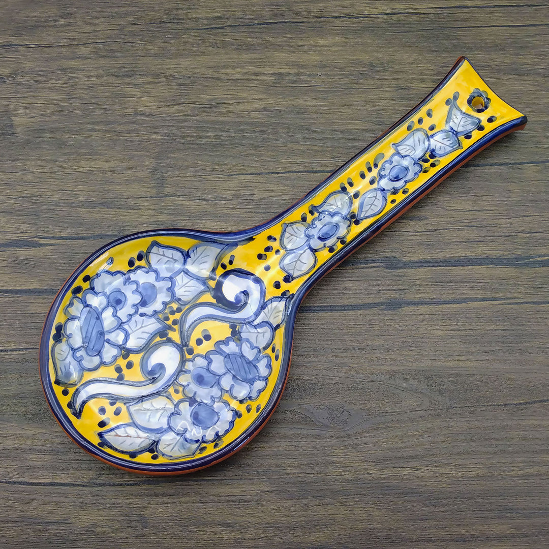 Hand Painted Portuguese Pottery Yellow and Blue Ceramic Spoon Rest