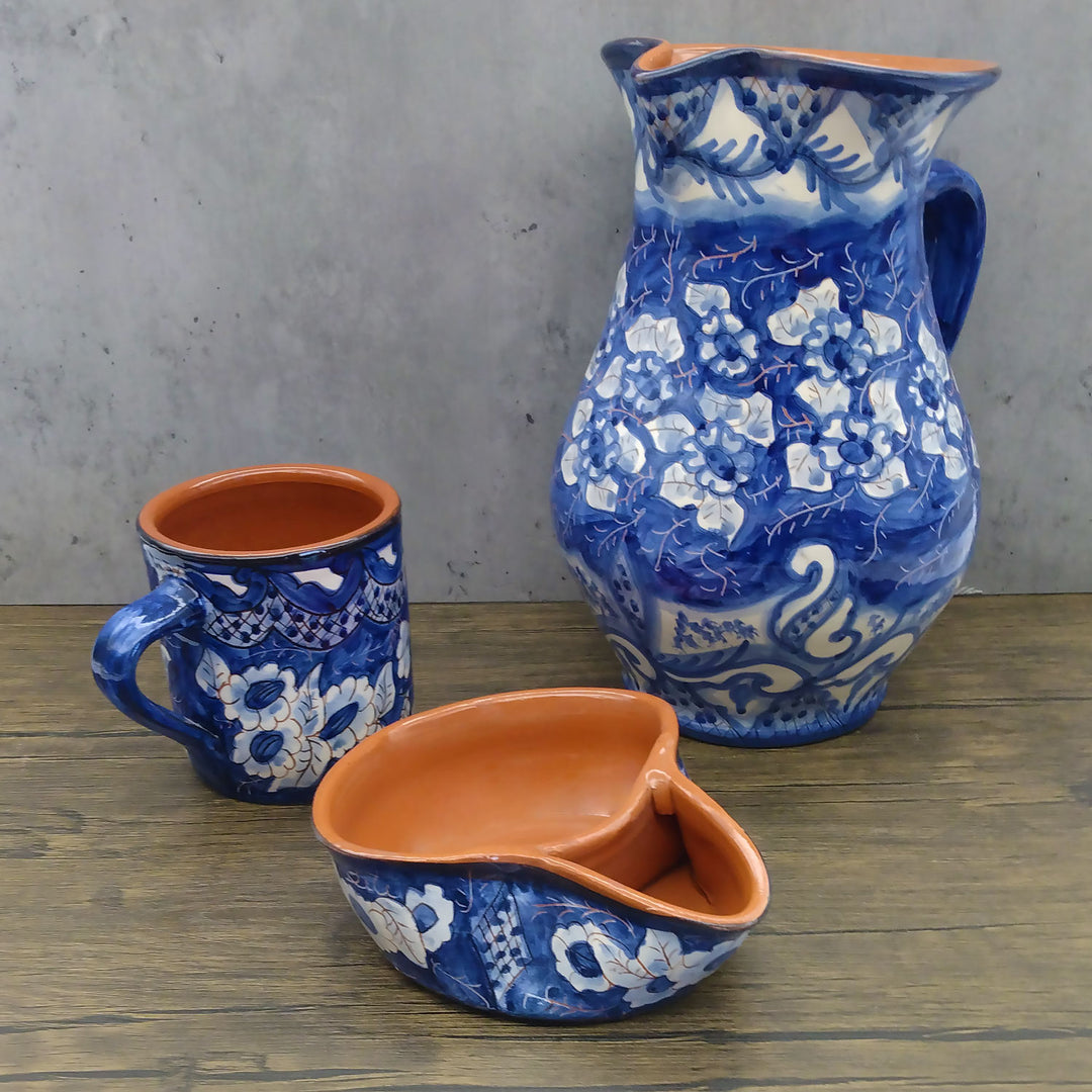 Handmade Hand Painted Portuguese Pottery Blue Olive Dish with Pit Holder