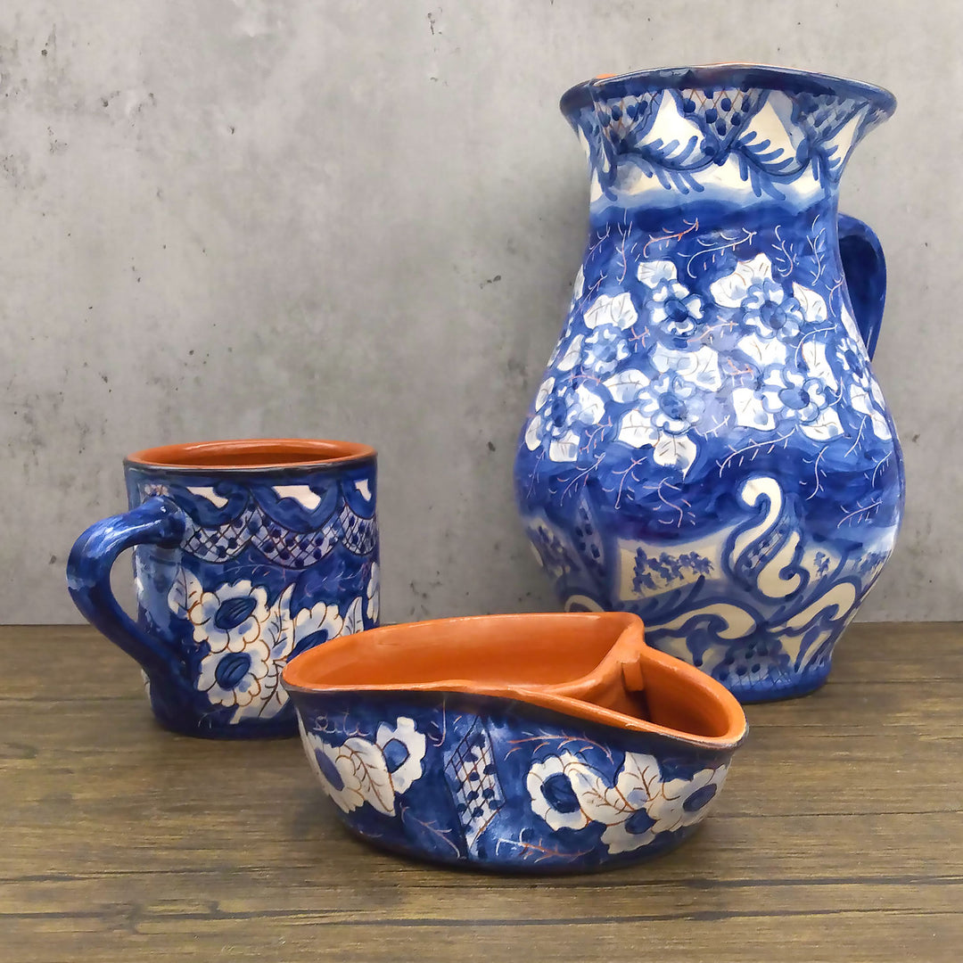 Handmade Hand Painted Portuguese Pottery Blue Olive Dish with Pit Holder