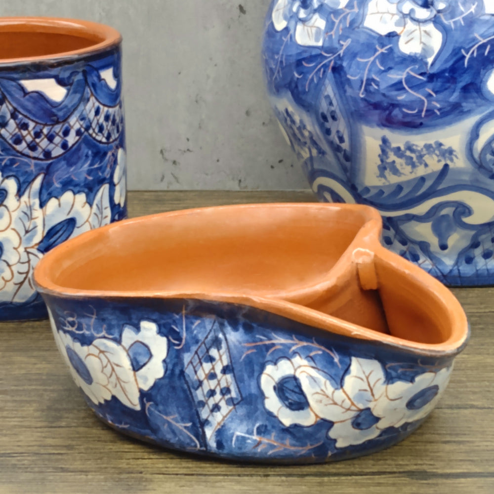 Handmade Hand Painted Portuguese Pottery Blue Olive Dish with Pit Holder