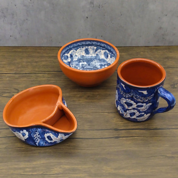 Handmade Hand Painted Portuguese Pottery Blue Olive Dish with Pit Holder