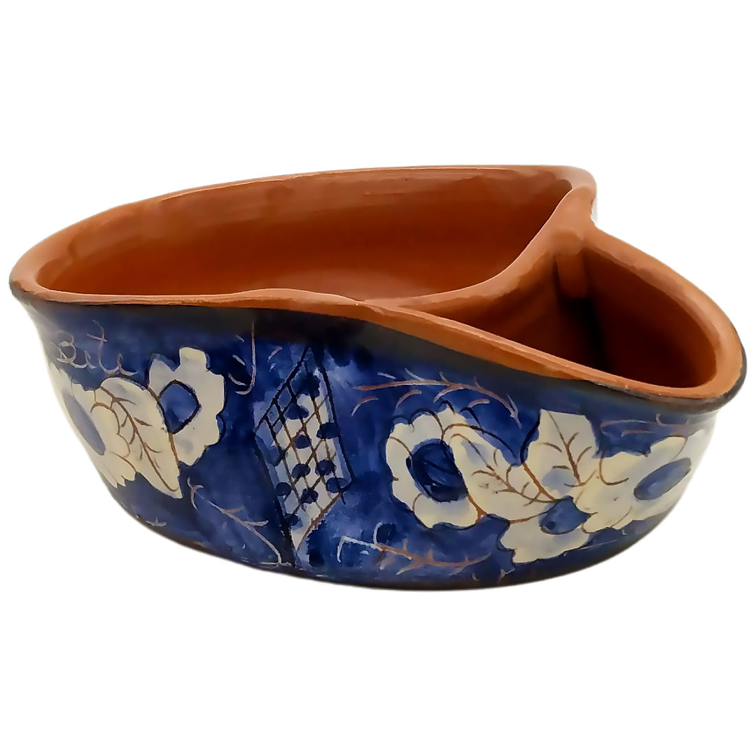 Handmade Hand Painted Portuguese Pottery Blue Olive Dish with Pit Holder