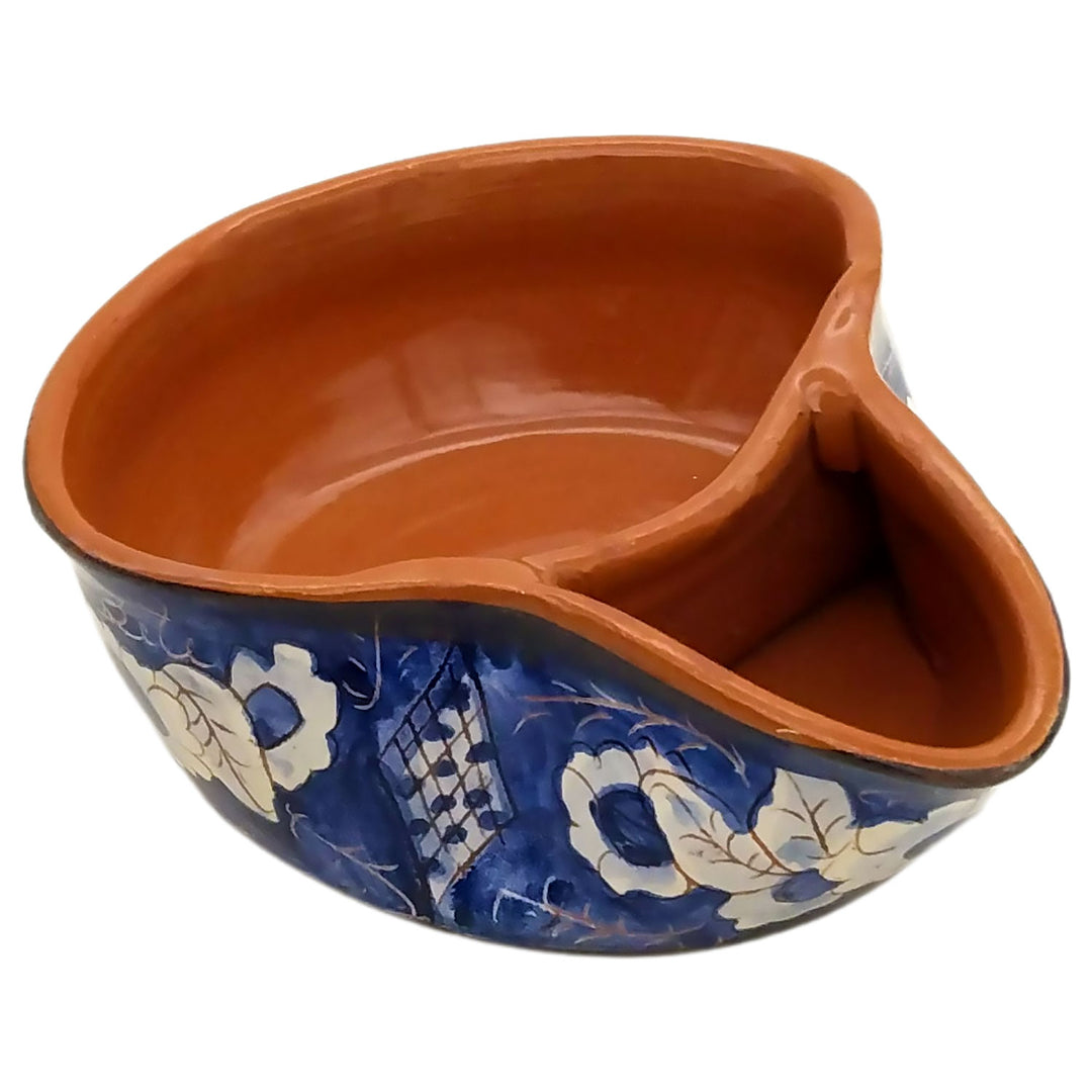 Handmade Hand Painted Portuguese Pottery Blue Olive Dish with Pit Holder