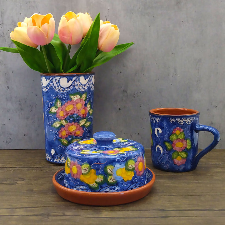 Handmade Hand Painted Portuguese Pottery Floral Butter Dish with Lid