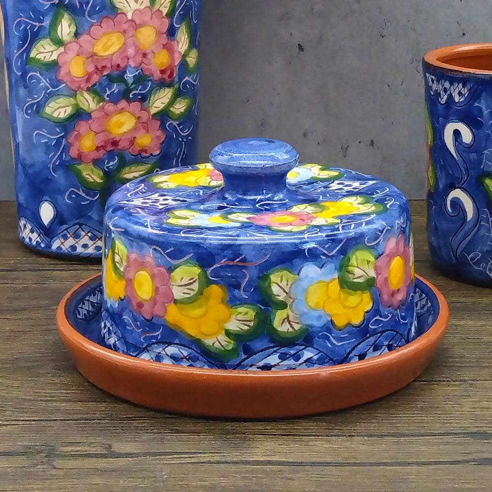 Handmade Hand Painted Portuguese Pottery Floral Butter Dish with Lid