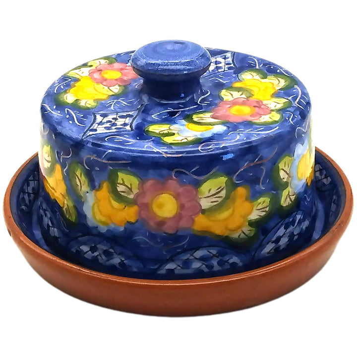 Handmade Hand Painted Portuguese Pottery Floral Butter Dish with Lid