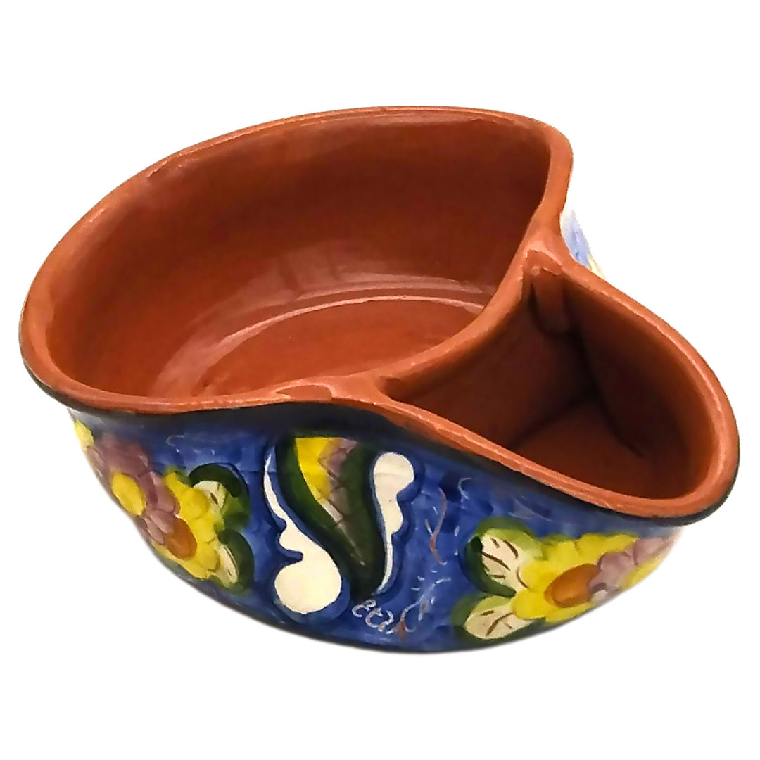 Handmade Hand Painted Portuguese Pottery Floral Olive Dish with Pit Holder