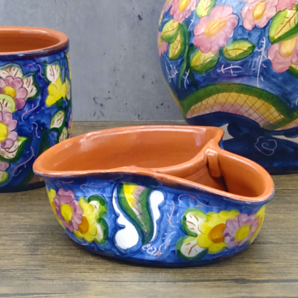 Handmade Hand Painted Portuguese Pottery Floral Olive Dish with Pit Holder