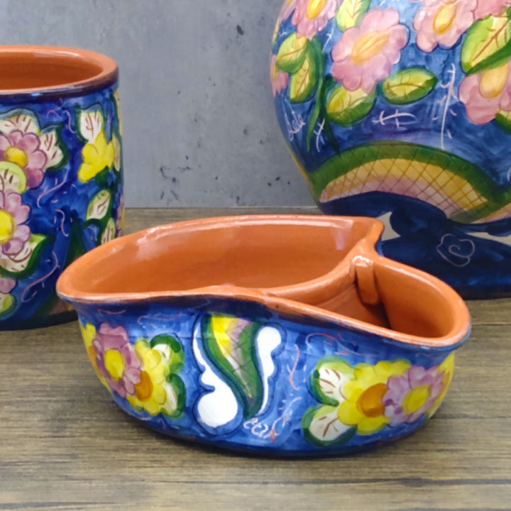 Handmade Hand Painted Portuguese Pottery Floral Olive Dish with Pit Holder