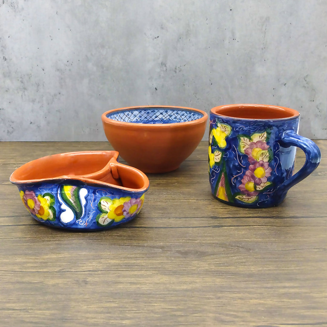 Handmade Hand Painted Portuguese Pottery Floral Olive Dish with Pit Holder