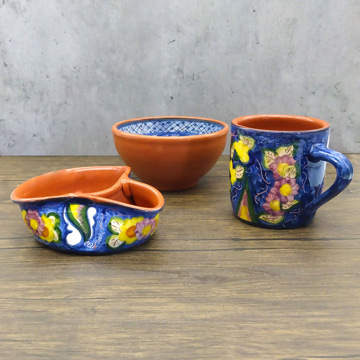 Handmade Hand Painted Portuguese Pottery Floral Olive Dish with Pit Holder