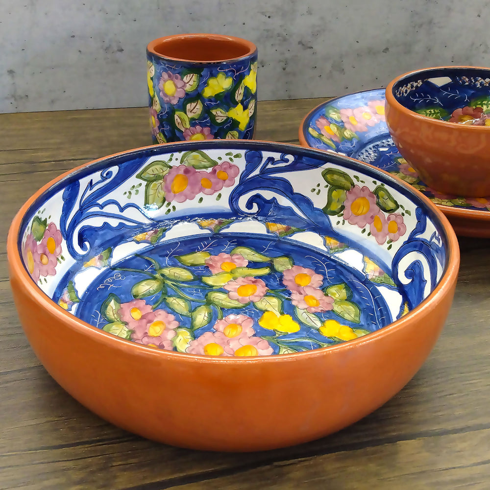 Handmade Hand Painted Portuguese Pottery Round Serving Bowl Floral