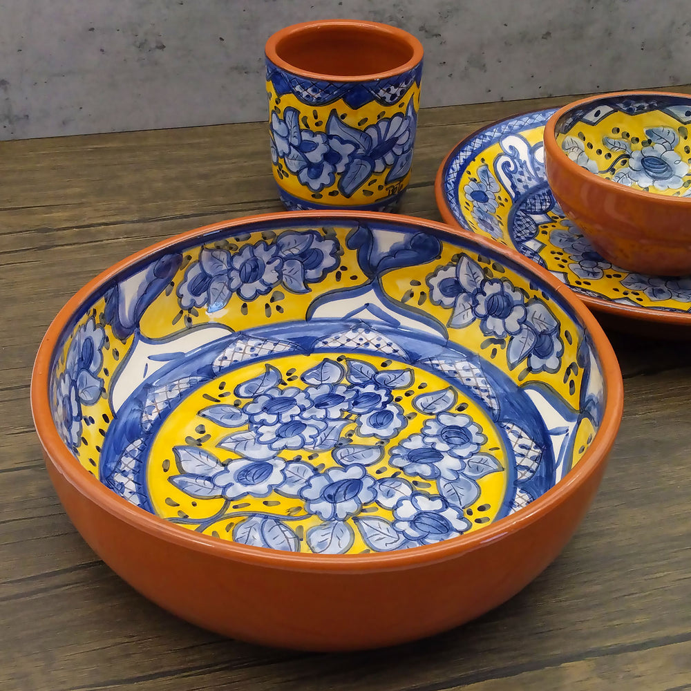 Handmade Hand Painted Portuguese Pottery Round Serving Bowl Yellow