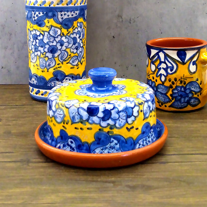 Handmade Hand Painted Portuguese Pottery Yellow Butter Dish with Lid