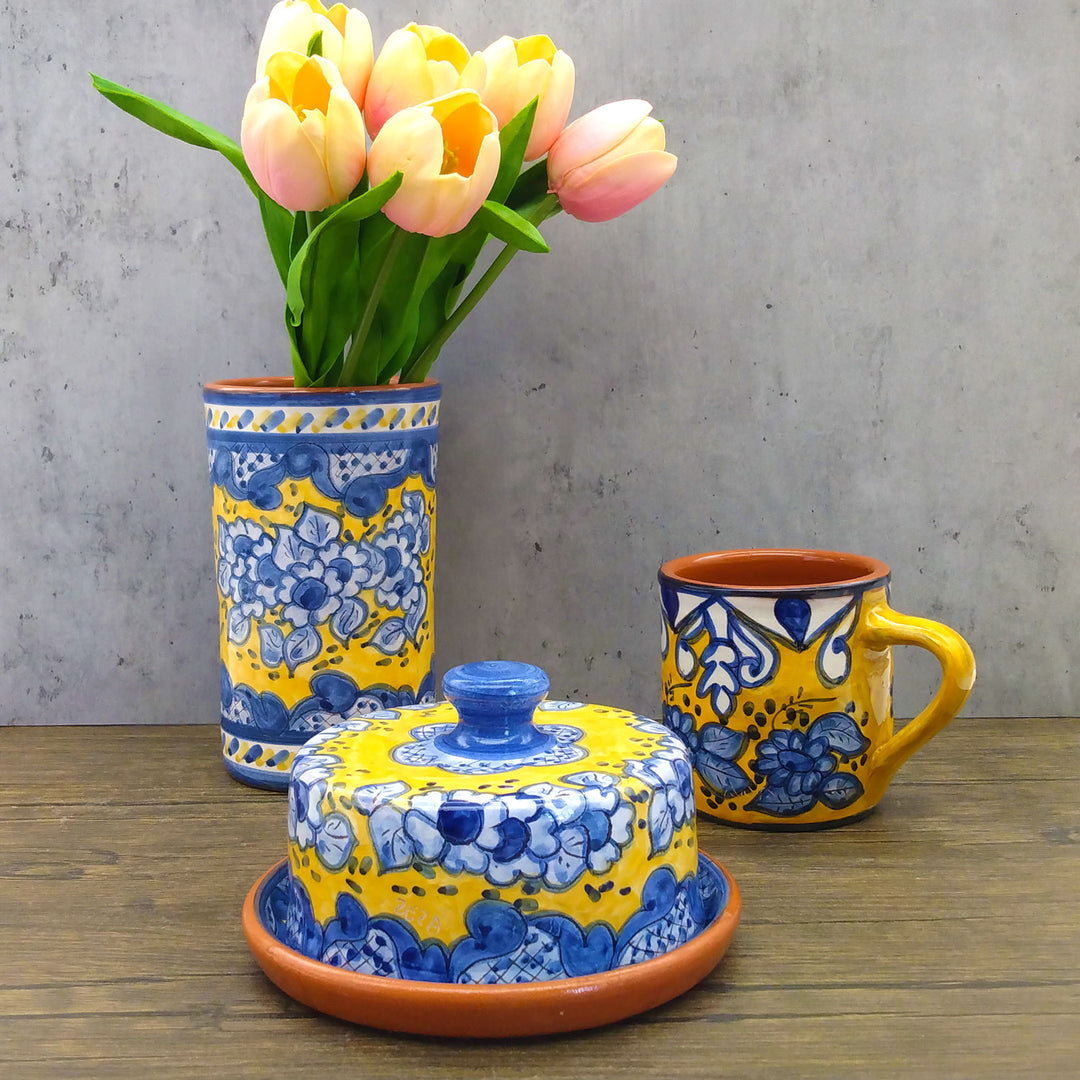 Handmade Hand Painted Portuguese Pottery Yellow Butter Dish with Lid