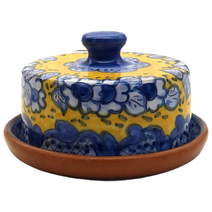 Handmade Hand Painted Portuguese Pottery Yellow Butter Dish with Lid