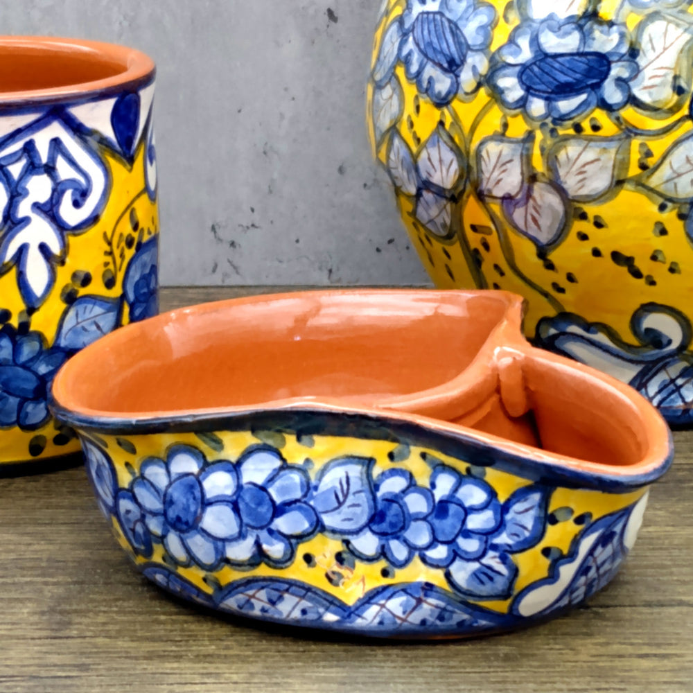 Handmade Hand Painted Portuguese Pottery Yellow Olive Dish with Pit Holder