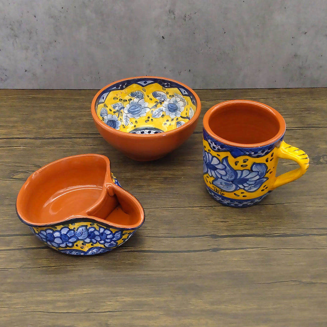 Handmade Hand Painted Portuguese Pottery Yellow Olive Dish with Pit Holder