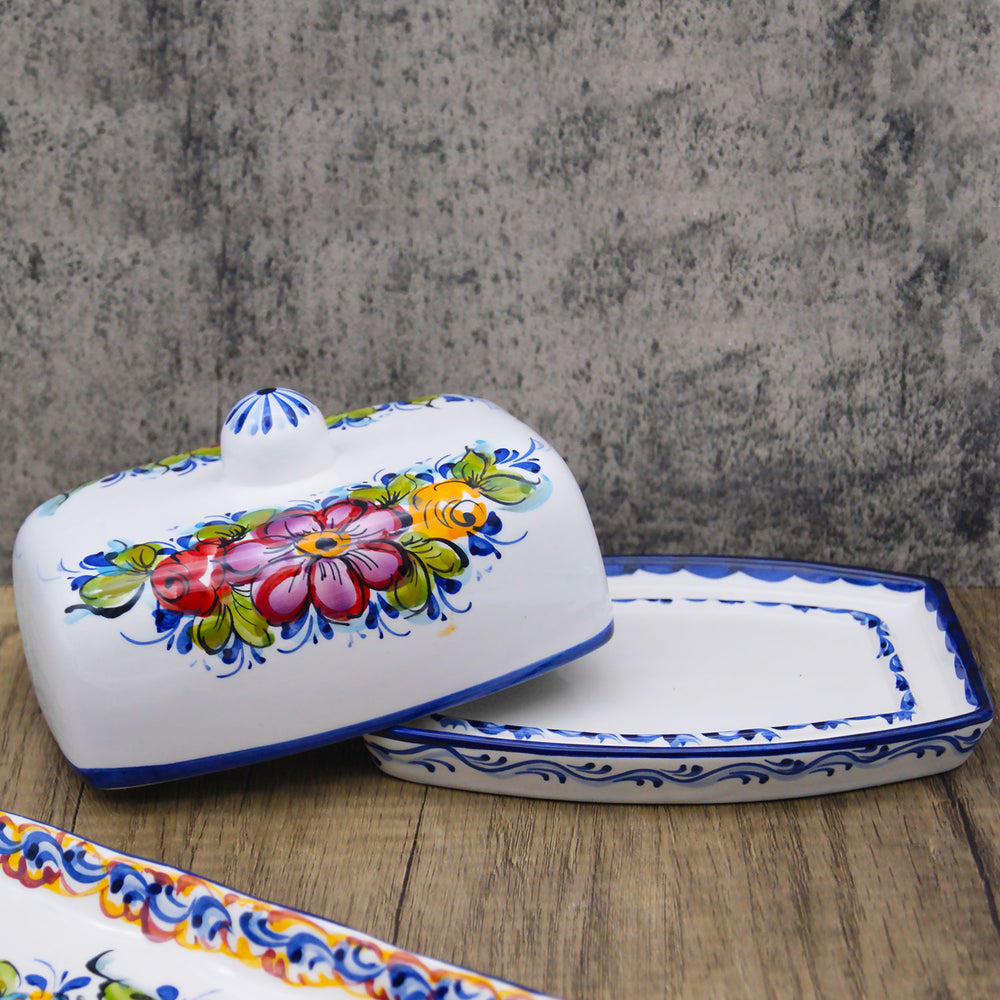 Portuguese Pottery Alcobaça Ceramic Hand Painted Butter Dish with Lid Made in Portugal