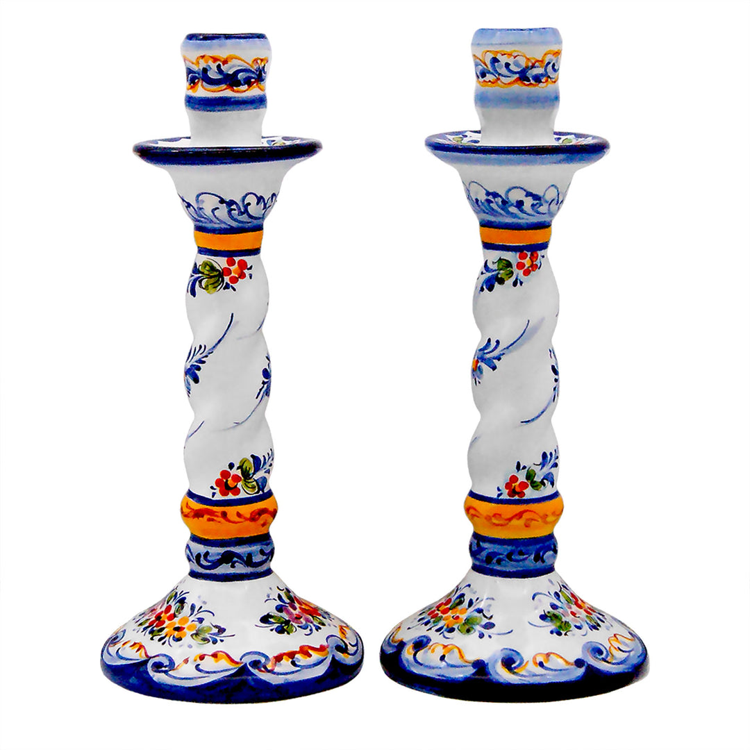 Portuguese Pottery Alcobaça Ceramic Hand Painted Ceramic Candle Holder – Set of 2