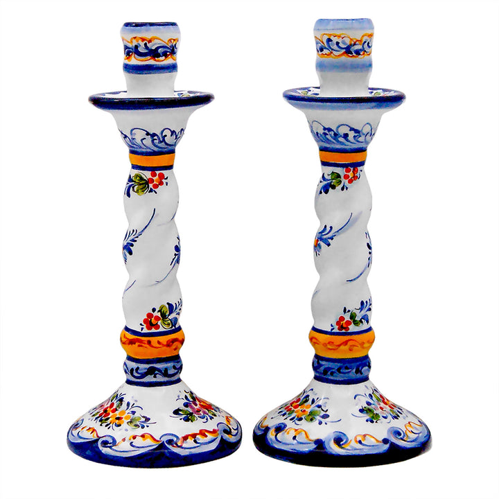 Portuguese Pottery Alcobaça Ceramic Hand Painted Ceramic Candle Holder – Set of 2