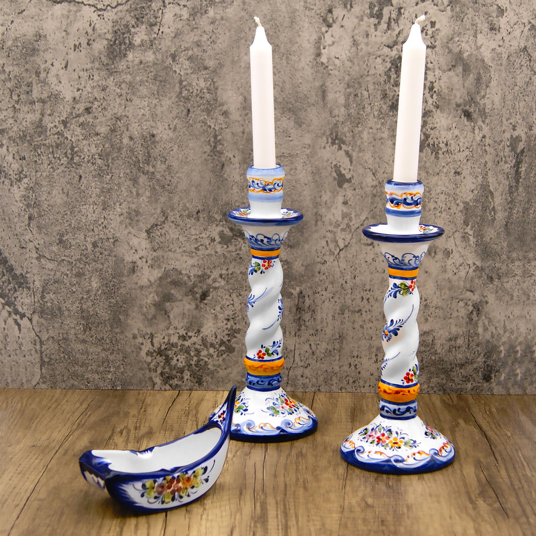 Portuguese Pottery Alcobaça Ceramic Hand Painted Ceramic Candle Holder – Set of 2
