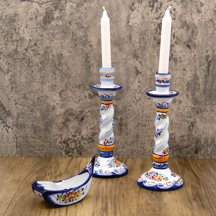 Portuguese Pottery Alcobaça Ceramic Hand Painted Ceramic Candle Holder – Set of 2