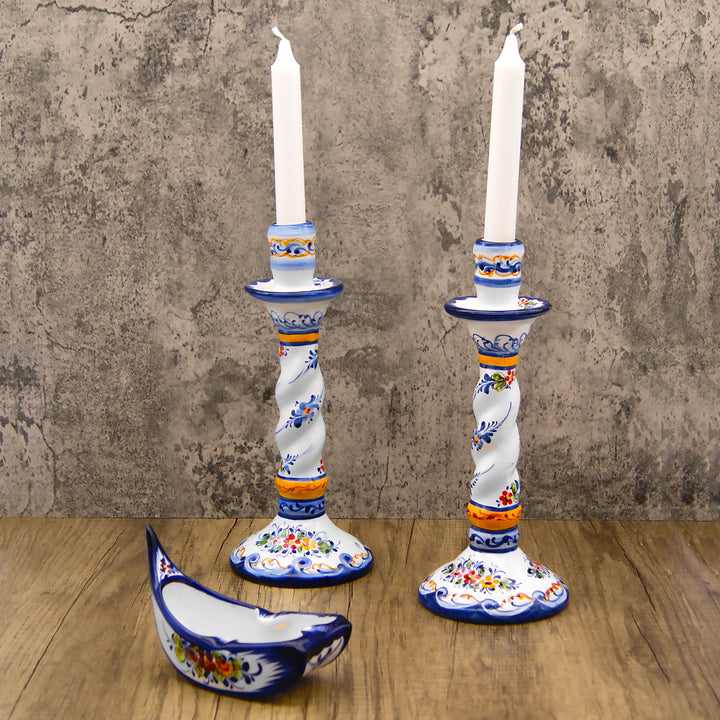 Portuguese Pottery Alcobaça Ceramic Hand Painted Ceramic Candle Holder – Set of 2