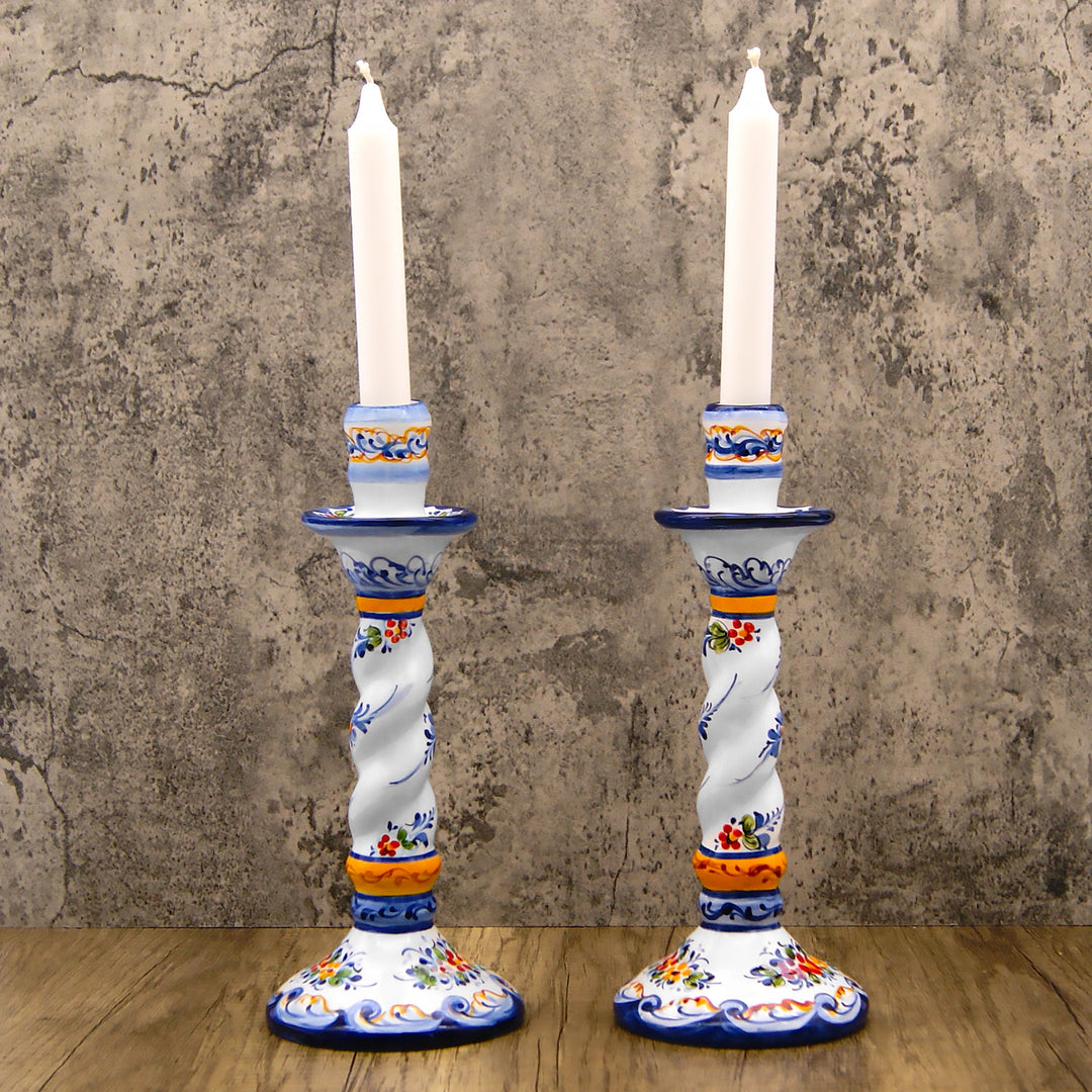 Portuguese Pottery Alcobaça Ceramic Hand Painted Ceramic Candle Holder – Set of 2