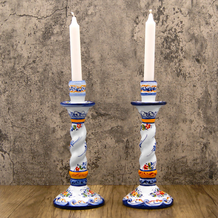 Portuguese Pottery Alcobaça Ceramic Hand Painted Ceramic Candle Holder – Set of 2