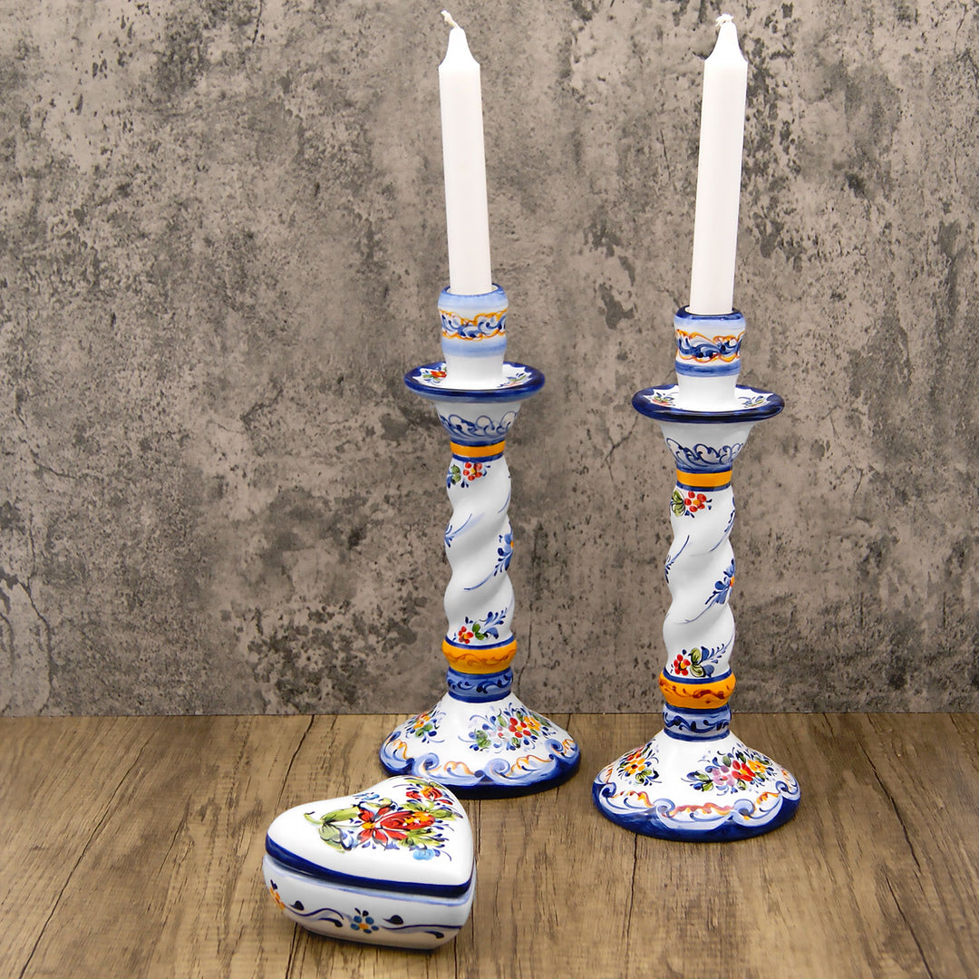 Portuguese Pottery Alcobaça Ceramic Hand Painted Ceramic Candle Holder – Set of 2