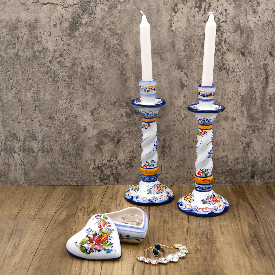 Portuguese Pottery Alcobaça Ceramic Hand Painted Ceramic Candle Holder – Set of 2