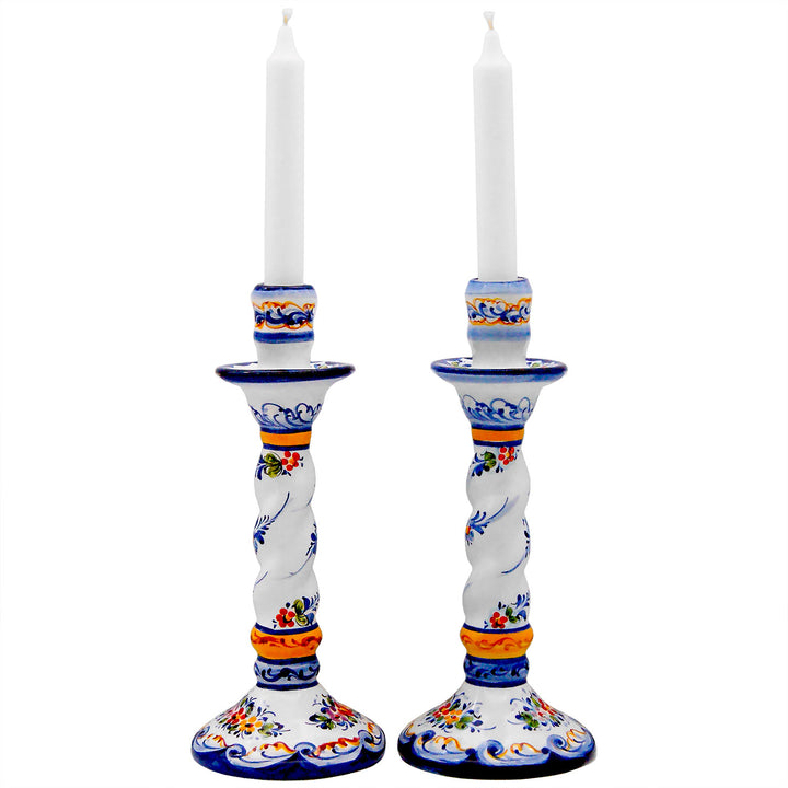 Portuguese Pottery Alcobaça Ceramic Hand Painted Ceramic Candle Holder – Set of 2