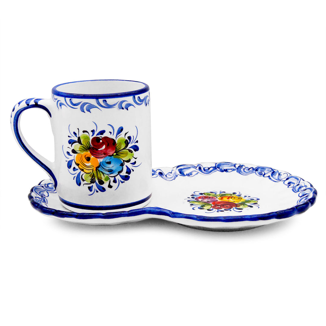 Portuguese Pottery Alcobaça Ceramic Hand Painted Coffee Mug with Tray