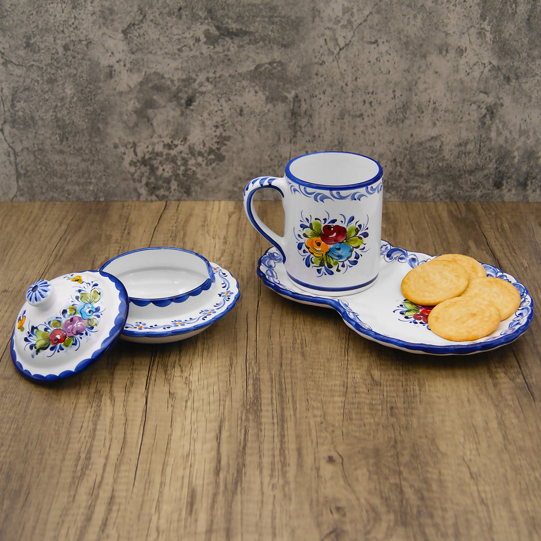 Portuguese Pottery Alcobaça Ceramic Hand Painted Coffee Mug with Tray