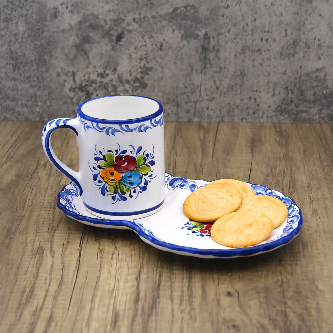 Portuguese Pottery Alcobaça Ceramic Hand Painted Coffee Mug with Tray