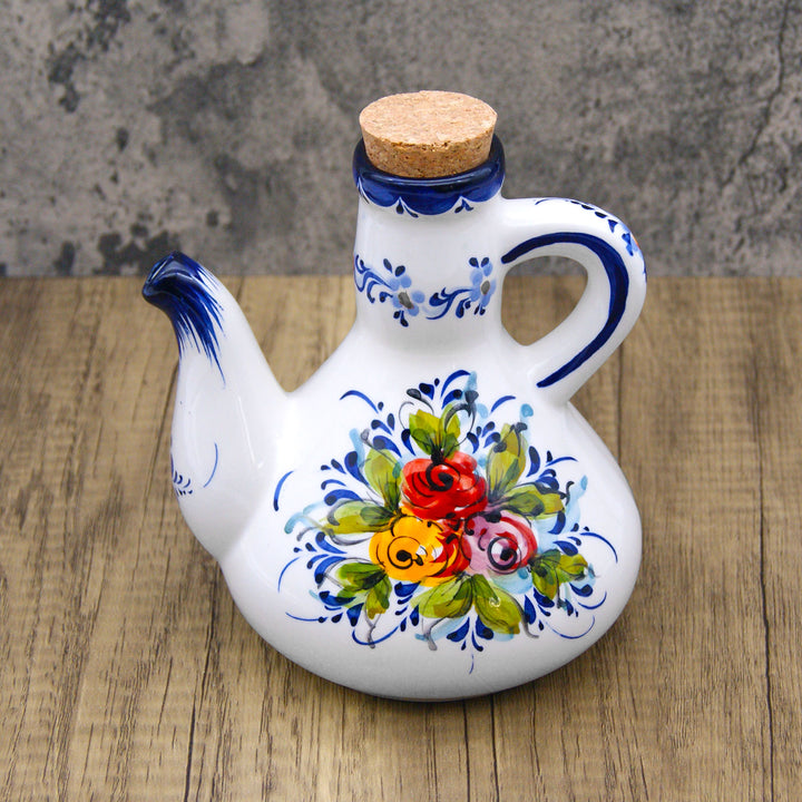 Portuguese Pottery Alcobaça Ceramic Hand Painted Olive Oil Cruet Bottle Dispenser