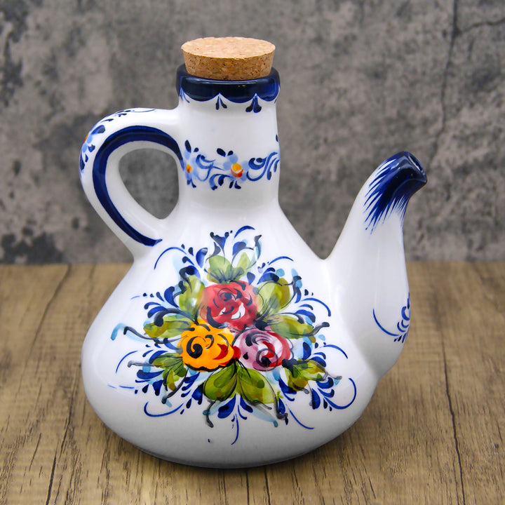 Portuguese Pottery Alcobaça Ceramic Hand Painted Olive Oil Cruet Bottle Dispenser